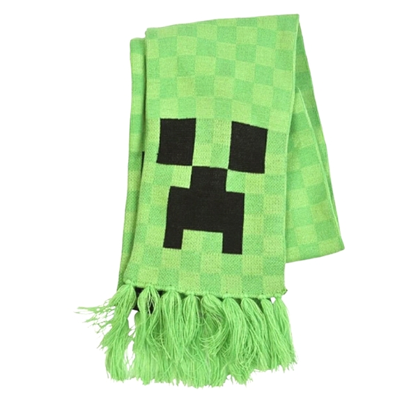 J¡NX Minecraft Creeper Face Fringe Ends Acrylic Knit Scarf Unisex Green Black OS - Picture 7 of 15